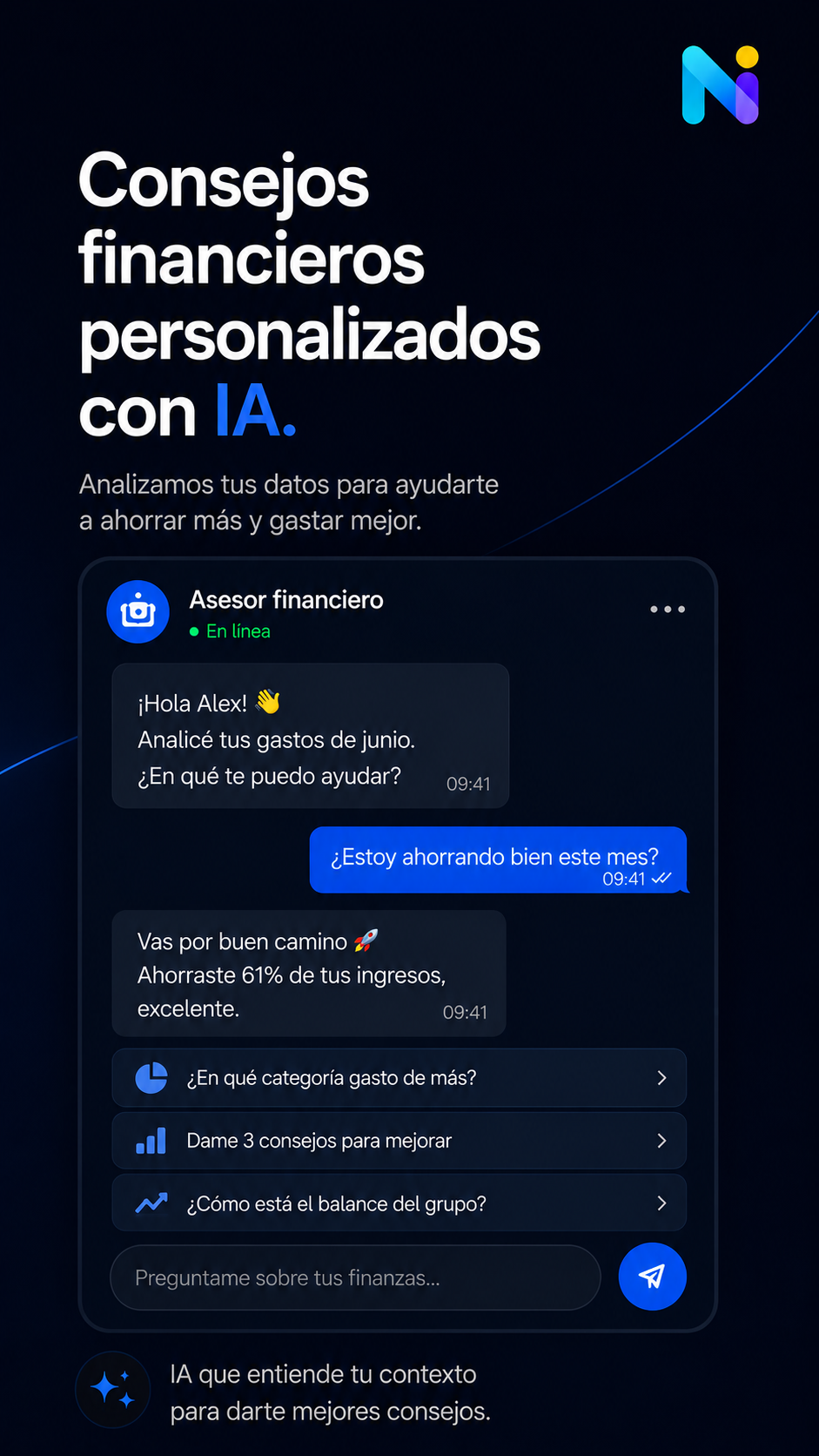 Pantalla de asesor de IA con consejos financieros